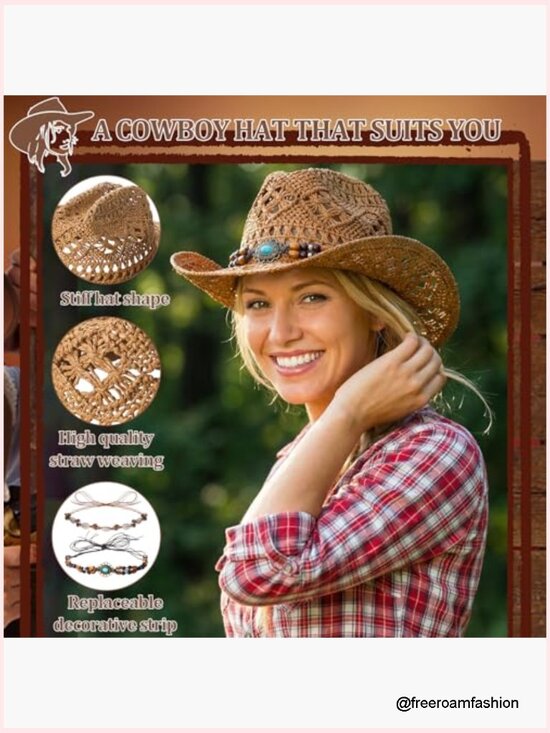 Straw Cowgirl Hat with Two Interchangeable Bands, Wide Brim Western Hat main image 4